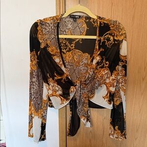 Fashion Nova Black and Gold Baroque Wrap Blouse